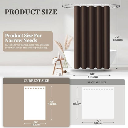60x72 Linen Textured Waterproof Thick Fabric Shower Curtain Set, Brown | Narrow Size, 230GSM Polyester, Heavy Duty Cloth, Weighted Hem, 10 Plastic Hooks, Modern Luxury Hotel Style, Machine Washable