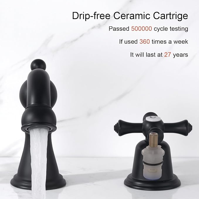 RKF Bathroom Faucets for Sink 3 Hole Black 8 inch Widespread Bathroom Sink Faucet with Drain 2 Handles Cross Knobs Faucet Bathroom Vanity Basin Mixer Tap CWF033-MB