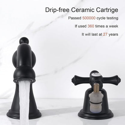 RKF Bathroom Faucets for Sink 3 Hole Black 8 inch Widespread Bathroom Sink Faucet with Drain 2 Handles Cross Knobs Faucet Bathroom Vanity Basin Mixer Tap CWF033-MB