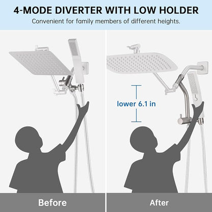 G-Promise 12 Inch All Metal Rain Shower Head with Handheld (Brushed Nickel) | Suits Every Height, Pause Mode Diverter, Massage Mode Handheld, Full Body Coverage, Easy to Install, Modern Bath Upgrade
