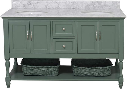 Beverly 60-inch Double Bathroom Vanity (Carrara/Sage Green): Includes Sage Green Cabinet with Authentic Italian Carrara Marble Countertop and White Ceramic Sinks