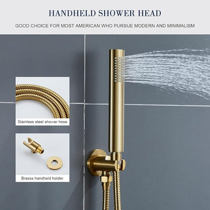 TIPOK Brushed Gold Shower System with 10 Inch Rain Shower Head and Handheld, Gold Shower Faucet Set Has High-Pressure Rain Showerhead and Pressure Balance Golden Brush Brass Valve for Shower Fixtures