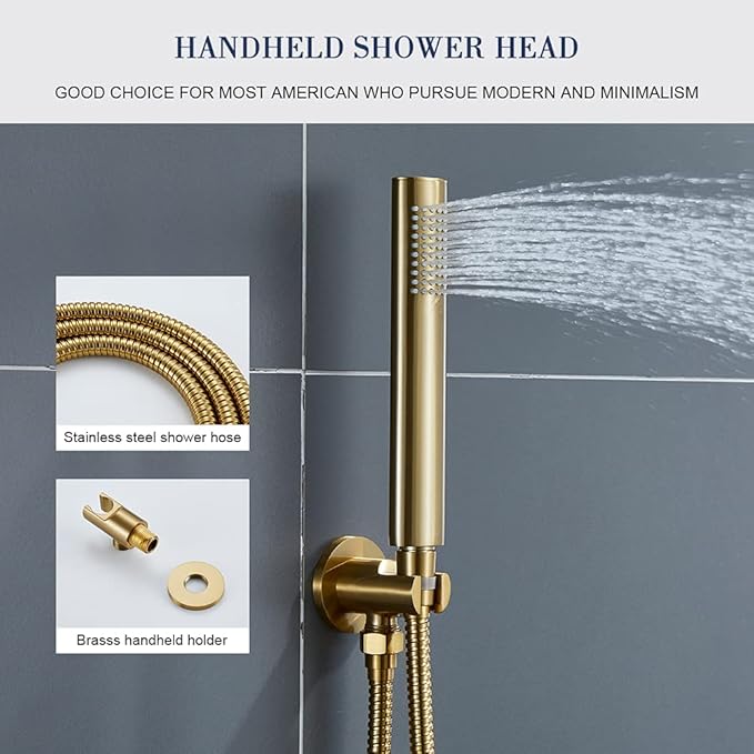 TIPOK Brushed Gold Shower System with 8 Inch Round Shower Head and Handheld, Rainfall Shower Faucets Sets Complete, Gold Shower Head System Wall Mounted Shower Set for Bathroom