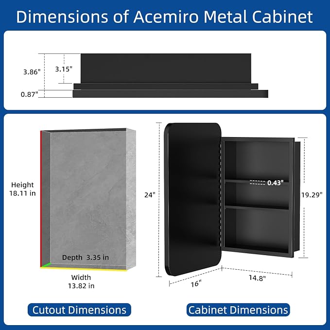 ACEMIRO 16x24 Inch Black Mirror Medicine Cabinet Metal Framed Recessed Wall Mounted Bathroom Medicine Cabinet with Mirror and Storage