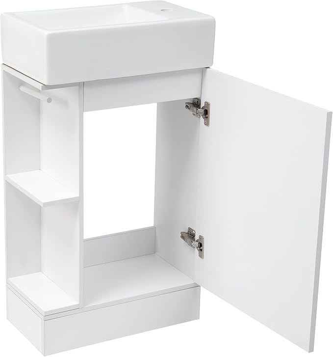 Harper & Bright Designs 18.6" Bathroom Vanity with Sink, Free Standing Single Basin Vanity Set with Storage Cabinet & Two-Tier Shelf, Wooden Cabinet with Ceramic Basin for Bathroom, White
