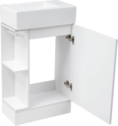 Harper & Bright Designs 18.6" Bathroom Vanity with Sink, Free Standing Single Basin Vanity Set with Storage Cabinet & Two-Tier Shelf, Wooden Cabinet with Ceramic Basin for Bathroom, White