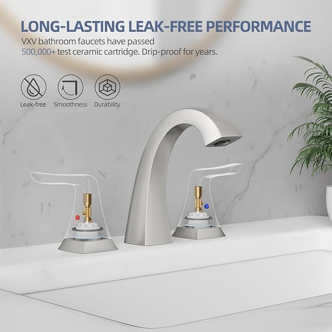 VXV Brushed Nickel Bathroom Faucet Widespread 8 Inch, 3 Hole Vanity Sink Faucet with Pop-Up Drain & Pre-Attached Supply Lines for Easy DIY Installation, Faucet for Bathroom Sink, RV
