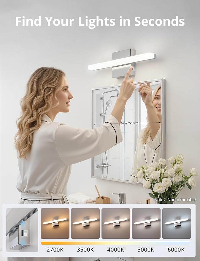 Combuh Modern Bathroom Light Fixtures Over Mirror, Vanity Lamp Bar Chrome | Small 16 Inch, Soft Shadow Free, Linear Design, Wall Mounted, Lampara para Baño sobre Espejo, 5 Colors Adjustable, 2 Pack