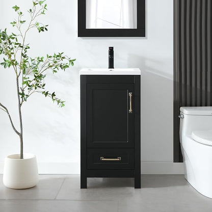 LUCKWIND 18" Bathroom Vanity and Sink Combos, Modern Bathroom Storage Painted Cabinet with Undercounter Ceramic Single Sink Top, Matte Black Faucet and Drawer, Mirror Not Included, Black