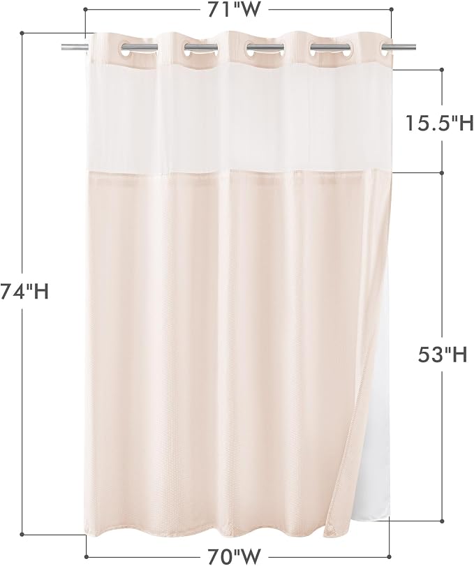 No Hook Shower Curtain with Snap-in Liner, Embossed Waffle Design Fabric Shower Curtain for Bathroom, Soft & Lightweight, 71x74, Pink