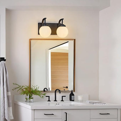 2 Lights Bathroom Vanity Light Fixtures Modern Sand Black Vanity Light with Milk White Glass Globe Shade Bathroom Lighting Over Mirror Wall Sconce for Bedroom Living Room Hallway