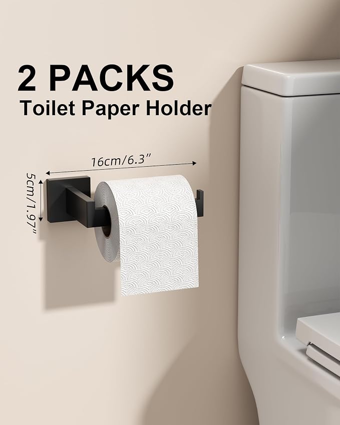 10-Piece Matte Black Bathroom Hardware Set with 16'' Towel Bar, Wall Mounted Bathroom Accessories Kit with 16" Towel Bar ×2, Toilet Paper Holders×2, Towel Rings×2, Robe Hooks×4
