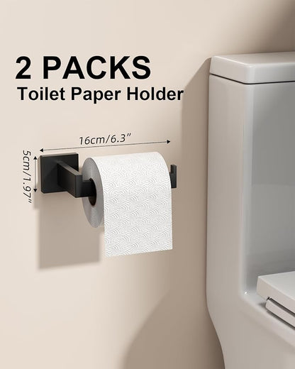 10-Piece Matte Black Bathroom Hardware Set with 16'' Towel Bar, Wall Mounted Bathroom Accessories Kit with 16" Towel Bar ×2, Toilet Paper Holders×2, Towel Rings×2, Robe Hooks×4