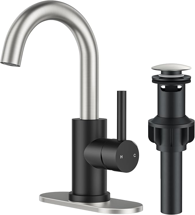 FORIOUS Bathroom Faucet 1 Hole Single Handle Sink Faucet Gold and Nickel | with 6-inch Deck Plate for 1 or 3 hole(4-inch centerset)Sink Setup, Supply Lines and Drain, Swivel for Bar Kitchen RV Vanity