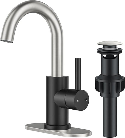 FORIOUS Bathroom Faucet 1 Hole Single Handle Sink Faucet Gold and Nickel | with 6-inch Deck Plate for 1 or 3 hole(4-inch centerset)Sink Setup, Supply Lines and Drain, Swivel for Bar Kitchen RV Vanity