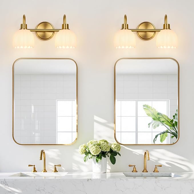 Bathroom Light Fixtures, 2-Light Gold Vanity Light Fixtures with White Tulip Glass Shades, Bathroom Lighting Fixtures Over Mirror for Bedroom, Living Room & Hallway (Bulbs Not Included)