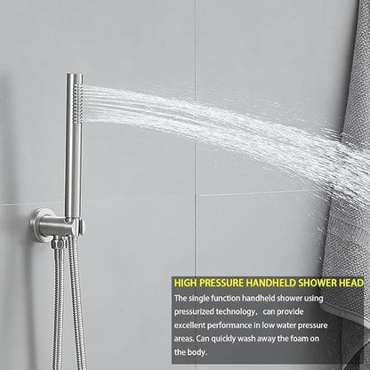 Shower Faucet Set Brushed Nickel 12 Inch Round Ceiling Mount Rainfall Shower System with 2 Rain Shower Head and Handheld Head Push Button Diverter Shower Trim Kit and Rough-in Valve Body