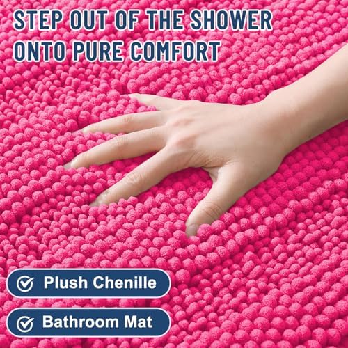 Grandaily Chenille Striped Bathroom Rugs 30x20, Extra Thick and Absorbent Bath Mats, Non-Slip Soft Plush Shaggy Shower Carpet, Machine Wash Dry, Bath Rug for Bathroom, (Medium, Deep Pink)