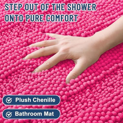 Grandaily Chenille Striped Bathroom Rugs 30x20, Extra Thick and Absorbent Bath Mats, Non-Slip Soft Plush Shaggy Shower Carpet, Machine Wash Dry, Bath Rug for Bathroom, (Medium, Deep Pink)
