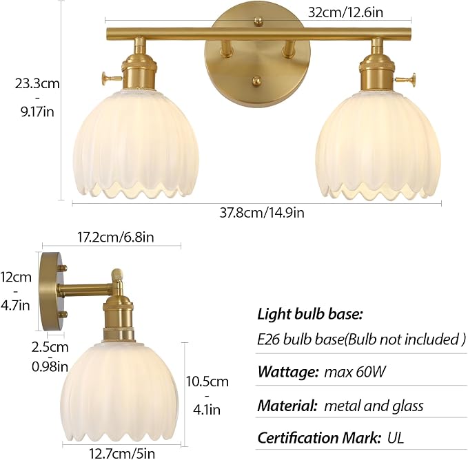 Gold 2 Light Bathroom Vanity Light,14.9in Modern Bathroom Lighting Fixtures Over Mirror with Milky White Tulip Crystal Glass Shade,Brass Vintage Vanity Lights for Bathroom Living Room Bedroom