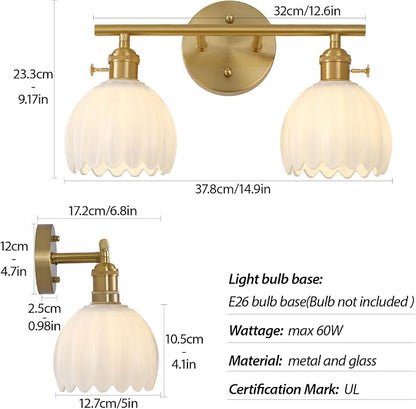 Gold 2 Light Bathroom Vanity Light,14.9in Modern Bathroom Lighting Fixtures Over Mirror with Milky White Tulip Crystal Glass Shade,Brass Vintage Vanity Lights for Bathroom Living Room Bedroom