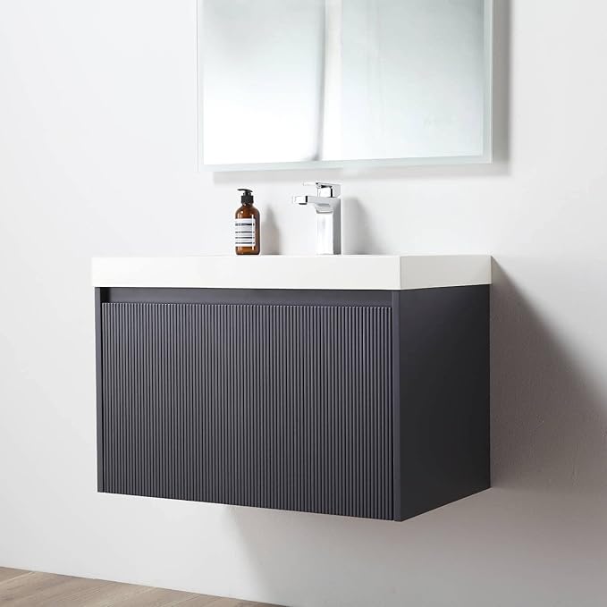 Blossom 30 Inch Bathroom Vanity with Sink and Side Cabinet, All Wood Floating Bathroom Vanity with Acrylic Sink, Bathroom Sink Cabinet with Soft-Close Drawer, Modern Style Vanities, Night Blue