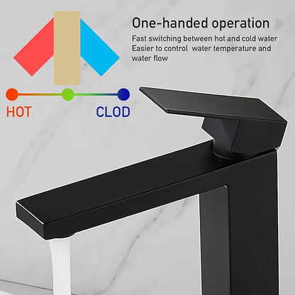 Matte Black Vessel Sink Faucet, 1 Hole Single Handle Tall Bathroom Vanity Faucets, Modern Utility Rv Laundry Bath Restroom Mixer Tap with Metal Pop Up Drain and 2 Water Supply Lines