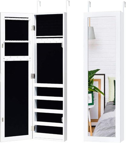 Giantex Jewelry Armoire with Full Length Mirror, Wall and Door Mounted Jewelry Cabinet Organizer with Magnetic Door, Large Storage for Earrings, Rings, Necklaces & Accessories, White