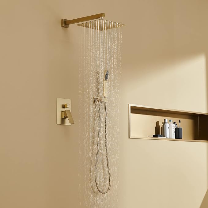 Shower System 10 Inches Rain Shower Combo Set Brushed Gold Wall Mount Faucet Bathroom Faucets with Rainfall Shower Head and Hand Shower