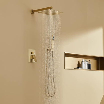 Shower System 10 Inches Rain Shower Combo Set Brushed Gold Wall Mount Faucet Bathroom Faucets with Rainfall Shower Head and Hand Shower