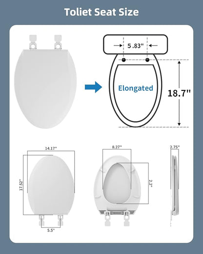Hibbent Elongated Toilet Seat with Oval Cover, Soft Close Toilet Seat, Easy to Install,Never Loosen Hinge to Prevent Shifting, Non-slip Seat Bumpers and Easily Cleaning(White)