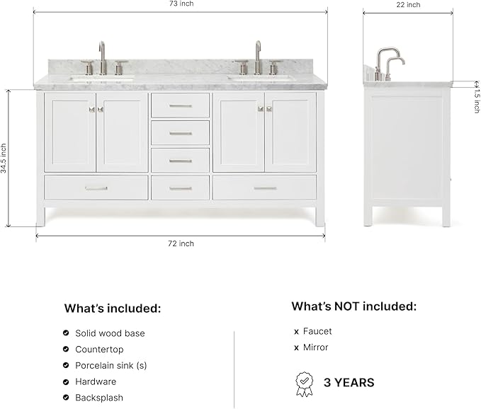 DKB Beckford 72 Inch Bathroom Vanity Double Sink — White Bathroom Vanity with Sink, 1.5" Edge Italian Carrara Marble Countertop & Backsplash, 4 Soft-Close Doors, 6 Dovetail Drawers