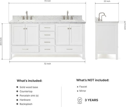 DKB Beckford 72 Inch Bathroom Vanity Double Sink — White Bathroom Vanity with Sink, 1.5" Edge Italian Carrara Marble Countertop & Backsplash, 4 Soft-Close Doors, 6 Dovetail Drawers