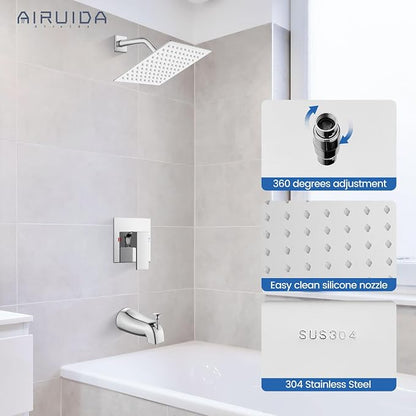 Airuida 8 Inch Shower Faucet Set,Bathtub Faucet Kit,Chrome Polish | Shower Tub Faucet Set,Male Threads Rough-In Valve,Square Head Shower System
