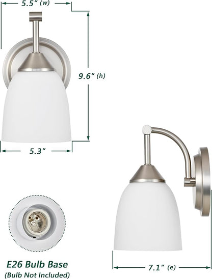 Traditional 1-Light Indoor Wall Sconce with Frosted Glass Bathroom Bedroom Hallway, 9.6" H x 5.5" W, Brushed Nickel