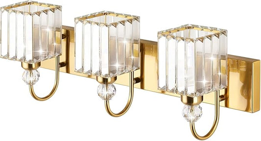 Ralbay Modern Gold Crystal Vanity Lights for Bathroom 3-Lights Crystal Vanity Lights Over Mirror Modern Crystal Gold Bathroom Wall Lighting Fixtures