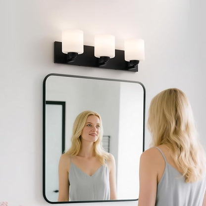 mirrea 3-Light Black Bathroom Vanity Light with White Glass Shades | Over Mirror,Wall Sconce,ETL listed,Bathroom Lighting Fixtures,Elegant Design,Milk White Glass Shade,Easy Installation