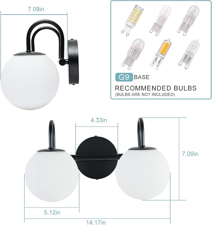Mid Century Modern Vanity Lights for Bathroom, Black Metal Frame and Milk White Frosted Glass Globe, 2 Lights, Wall Sconce, 7.09"L x 7.09"W x 14.17"H