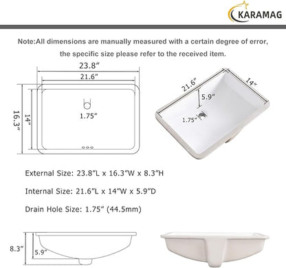 24 Inch Undermount Bathroom Sink Rectangle Undermount Sink White Ceramic Under Counter Bathroom Sinks with Overflow (23.8"x16.3")