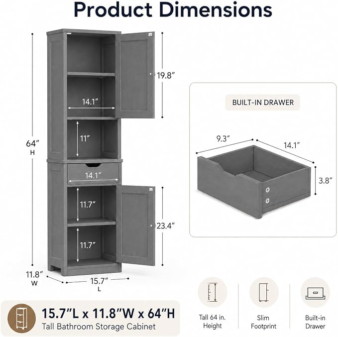 Walsunny Tall Bathroom Storage Cabinet with 6 Adjustable Shelves, Gray | Anti-Tip Safety, Waterproof MDF, 2 Doors + 1 Drawer, Easy Assembly, for Bathroom/Living Room/Kitchen