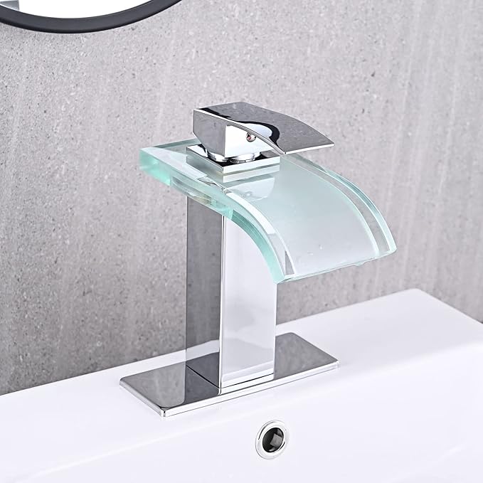 LED Bathroom Sink Faucet, Chrome Waterfall Single Hole Handle Vanity Faucets for Sinks 1 Hole with Metal Pop Up Drain and 2 Water Supply Lines, Wide Glass Spout