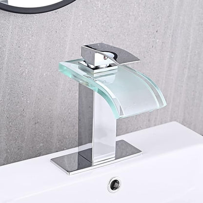 LED Bathroom Sink Faucet, Chrome Waterfall Single Hole Handle Vanity Faucets for Sinks 1 Hole with Metal Pop Up Drain and 2 Water Supply Lines, Wide Glass Spout