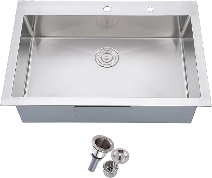 Friho 33x22 Inch Drop In Kitchen Sink, Top Mount Silver SUS304 Stainless Steel Single Bowl, 18 Gauge Handmade Sink with Basket Strainer