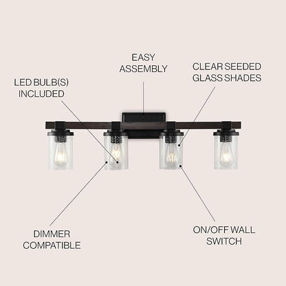 JONATHAN Y 32" Oil Rubbed Bronze LED Vanity Light, Rustic Farmhouse Sconce, Clear Seeded Glass Shade, Industrial Wall Lamp for Bathroom Mirror, Kitchen Sink, LED Bulb (JYL7510A)
