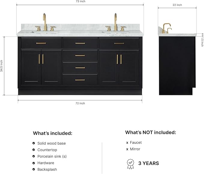 ARIEL Hepburn 72-inch Bathroom Vanity with Sink,Solid Wood, 1.5-inch Italian Carrara Marble Countertop, Double Rectangular Porcelain Sink, 4 Soft Closing Doors, 6 Dovetail Drawers, Black