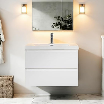 30" Floating Bathroom Vanity Sink,Glossy White | Bathroom Storage CabinetWall Mounted Cabinet, Solid Surface Countertop, Soft Close Drawers, Fully Assembled