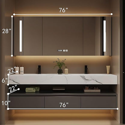 Bathroom Vanity with Sink - Single/Double Sink Bathroom Vanity Cabinet & LED Smart Defogger Mirror Cabinet Set, Modern Floating Vanity, Wall-Mounted Installation (76",Double Sink)