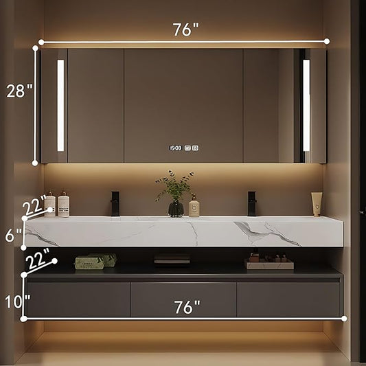 Bathroom Vanity with Sink - Single/Double Sink Bathroom Vanity Cabinet & LED Smart Defogger Mirror Cabinet Set, Modern Floating Vanity, Wall-Mounted Installation (76",Double Sink)