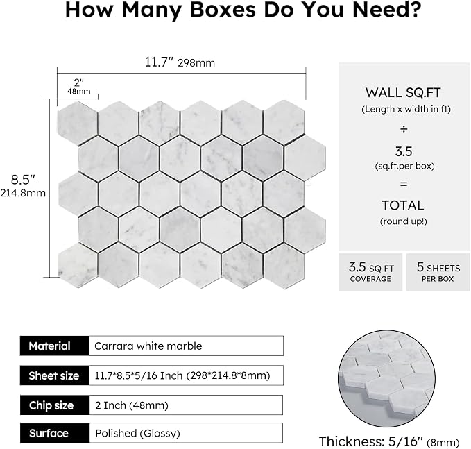 Carrara White Marble Mosaic Tile, 2 Inch Hexagon, Polished, 5 Sheets | Natural Bianco Carrera, Marble Stone Backsplash Tiles for Kitchen, Bathroom, Shower Wall and Floor