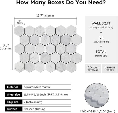 Carrara White Marble Mosaic Tile, 2 Inch Hexagon, Polished, 5 Sheets | Natural Bianco Carrera, Marble Stone Backsplash Tiles for Kitchen, Bathroom, Shower Wall and Floor